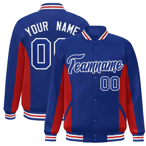 Custom Royal Red Varsity Full-Snap Color Block Letterman Baseball Jacket