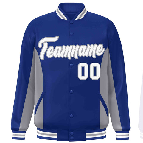 Custom Royal Gray-White Varsity Full-Snap Color Block Letterman Baseball Jacket