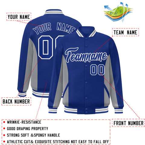 Custom Royal Gray Varsity Full-Snap Color Block Letterman Baseball Jacket