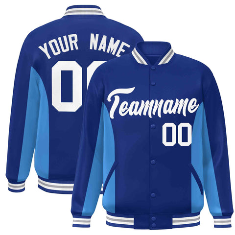 Custom Royal Powder Blue-White Varsity Full-Snap Color Block Letterman Baseball Jacket