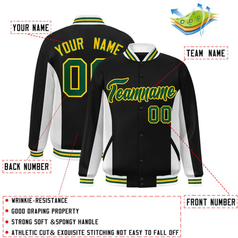 Custom Black White-Green Varsity Full-Snap Color Block Letterman Baseball Jacket