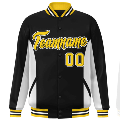Custom Black White-Gold Varsity Full-Snap Color Block Letterman Baseball Jacket