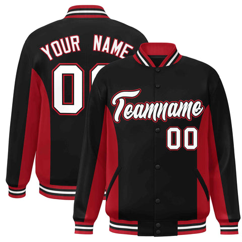 Custom Black Red-White Varsity Full-Snap Color Block Letterman Baseball Jacket