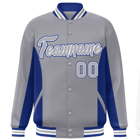 Custom Gray Royal Varsity Full-Snap Color Block Letterman Baseball Jacket