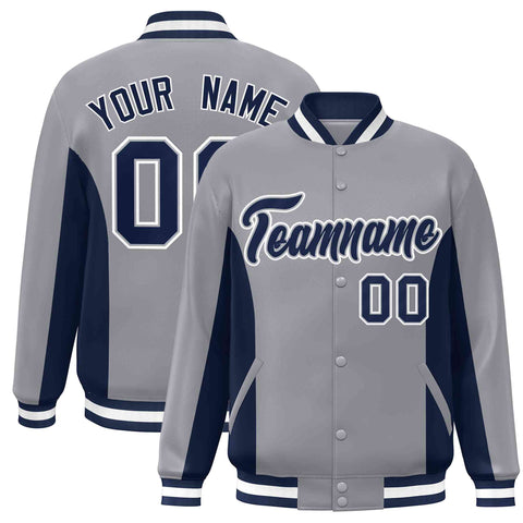 Custom Gray Navy Varsity Full-Snap Color Block Letterman Baseball Jacket