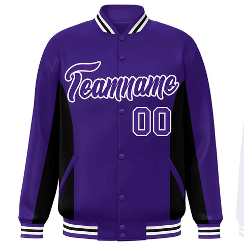 Custom Purple Black Varsity Full-Snap Color Block Letterman Baseball Jacket
