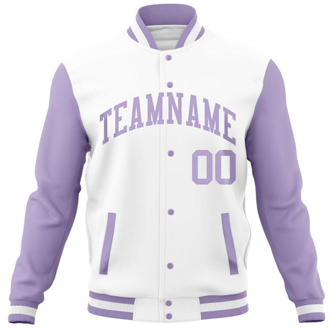 Custom White Light Purple Varsity Full-Snap Raglan Sleeves Letterman Baseball Jacket