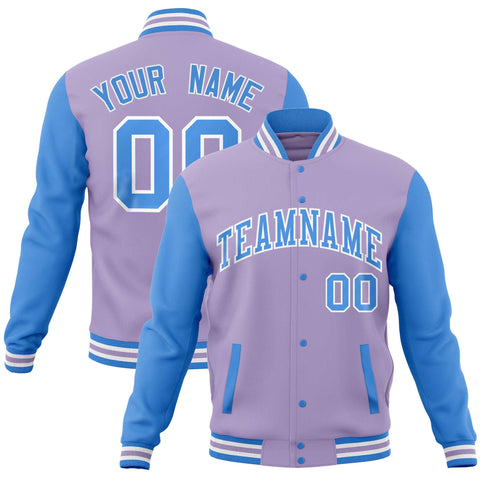 Custom Light Purple Powder Blue Varsity Full-Snap Raglan Sleeves Letterman Baseball Jacket