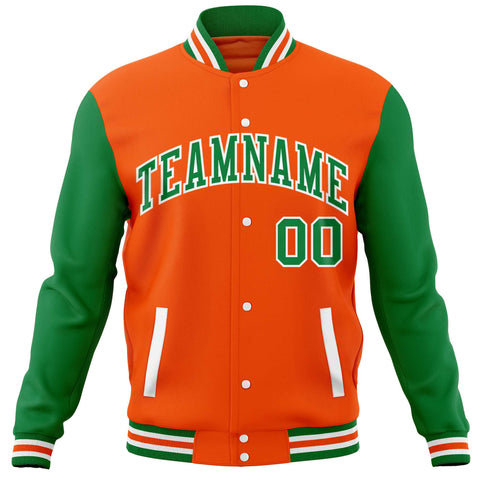 Custom Orange Kelly Green Varsity Full-Snap Raglan Sleeves Letterman Baseball Jacket