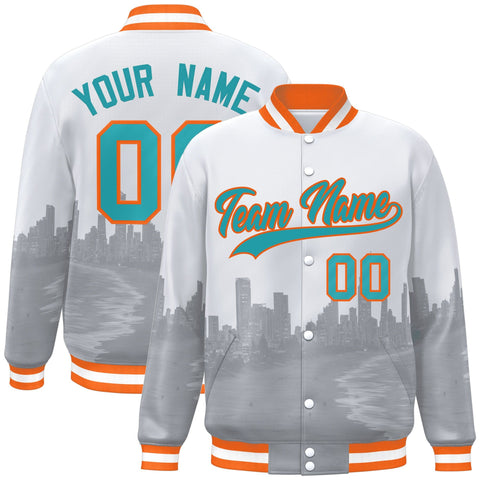 Custom White Aqua-Orange Miami City Connect Track Varsity Full-Snap Jacket
