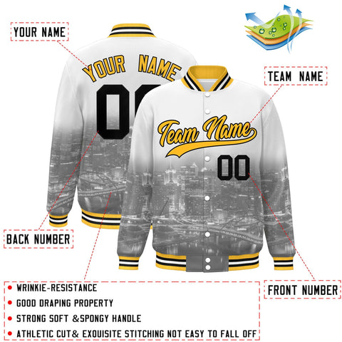 Custom White Gold-Black Pittsburgh City Connect Track Varsity Full-Snap Jacket