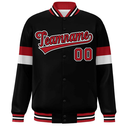 Custom Black Red-White Color Block Bomber Varsity Full-Snap Baseball Jacket
