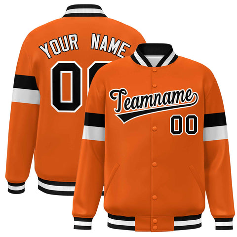 Custom Orange Black-White Color Block Bomber Varsity Full-Snap Baseball Jacket