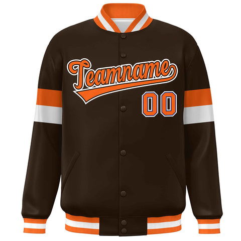 Custom Brown Orange-White Color Block Bomber Varsity Full-Snap Baseball Jacket