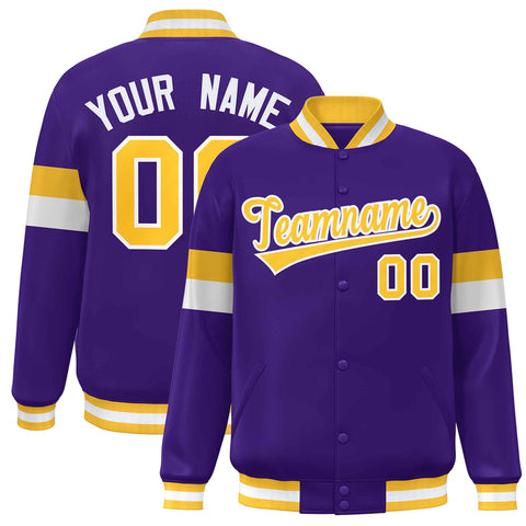 Custom Purple Gold-White Color Block Bomber Varsity Full-Snap Baseball Jacket
