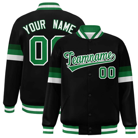 Custom Black Kelly Green-White Color Block Bomber Varsity Full-Snap Baseball Jacket