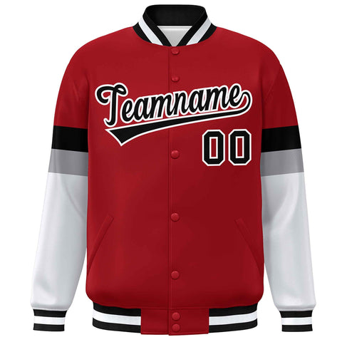 Custom Red Black-White Color Block Bomber Varsity Full-Snap Baseball Jacket
