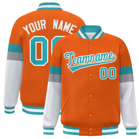 Custom Orange Aqua-White Color Block Bomber Varsity Full-Snap Baseball Jacket