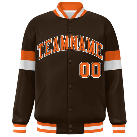 Custom Brown Orange-White Color Block Bomber Varsity Full-Snap Baseball Jacket