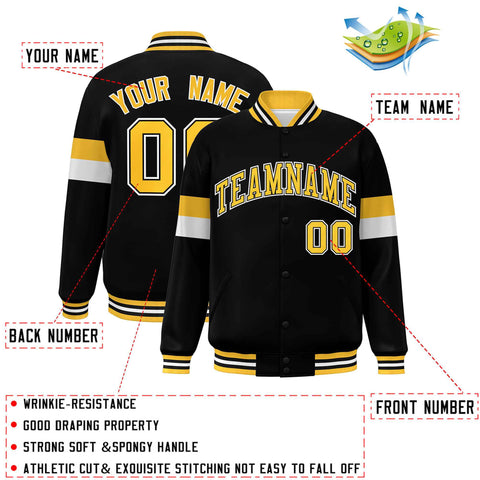 Custom Black Gold-White Color Block Bomber Varsity Full-Snap Baseball Jacket