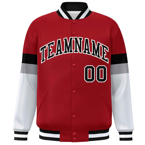 Custom Red Black-White Color Block Bomber Varsity Full-Snap Baseball Jacket