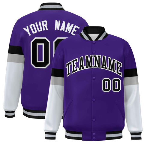 Custom Purple Black-White Color Block Bomber Varsity Full-Snap Baseball Jacket