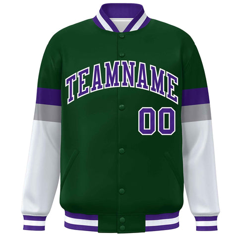 Custom Green Purple-White Color Block Bomber Varsity Full-Snap Baseball Jacket