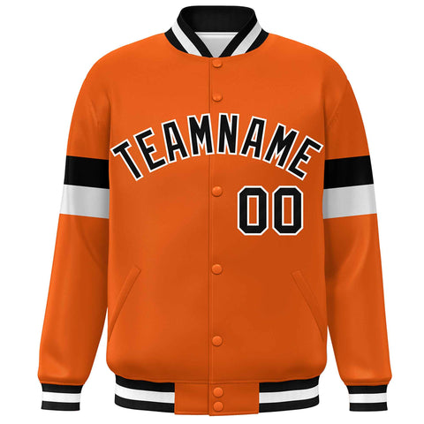Custom Orange Black-White Color Block Bomber Varsity Full-Snap Baseball Jacket