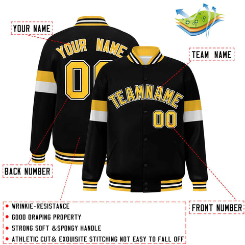 Custom Black Gold-White Color Block Bomber Varsity Full-Snap Baseball Jacket