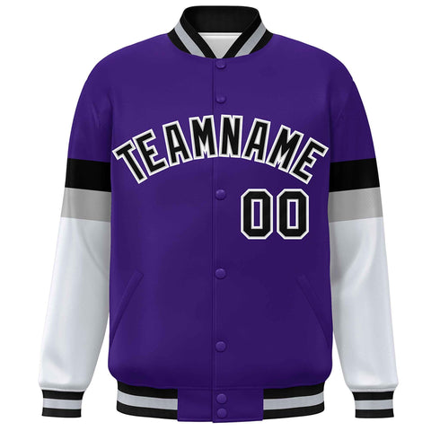 Custom Purple Black-White Color Block Bomber Varsity Full-Snap Baseball Jacket