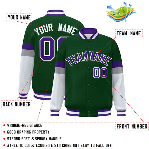 Custom Green Purple-White Color Block Bomber Varsity Full-Snap Baseball Jacket