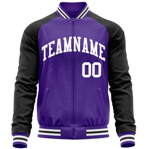 Custom Purple Black Varsity Full-Zip Raglan Sleeves Letterman Baseball Jacket