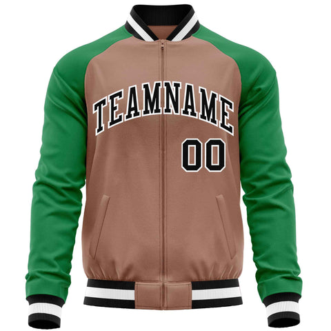 Custom Brown Kelly Green Varsity Full-Zip Raglan Sleeves Letterman Baseball Jacket