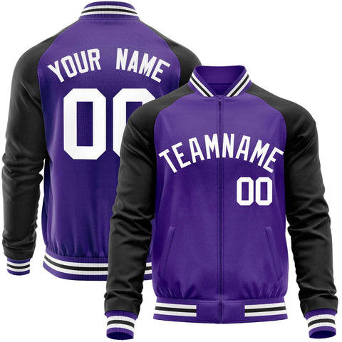 Custom Purple Black Varsity Full-Zip Raglan Sleeves Letterman Baseball Jacket