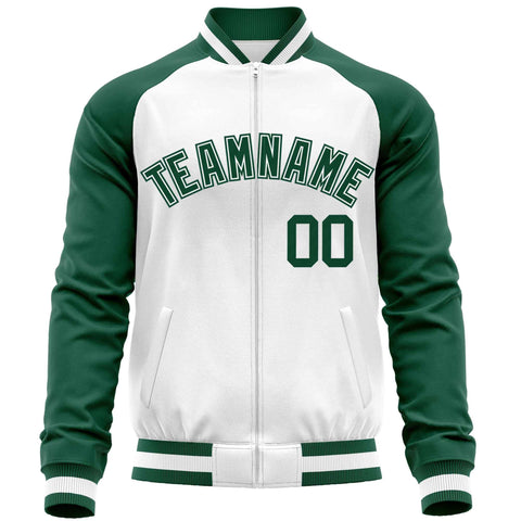 Custom White Green Varsity Full-Zip Raglan Sleeves Letterman Baseball Jacket