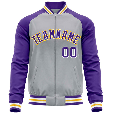 Custom Gray Purple Varsity Full-Zip Raglan Sleeves Letterman Baseball Jacket