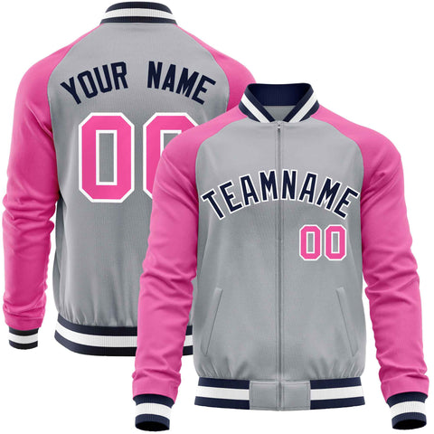 Custom Gray Pink Varsity Full-Zip Raglan Sleeves Letterman Baseball Jacket