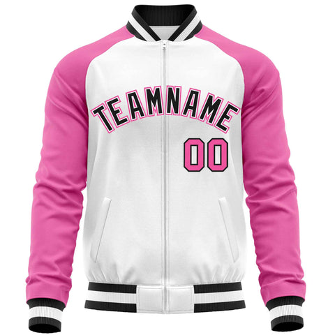 Custom White Pink-Black Varsity Full-Zip Raglan Sleeves Letterman Baseball Jacket