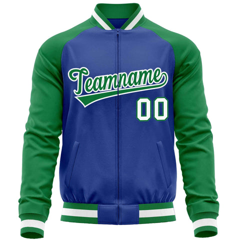 Custom Royal Kelly Green Varsity Full-Zip Raglan Sleeves Letterman Baseball Jacket