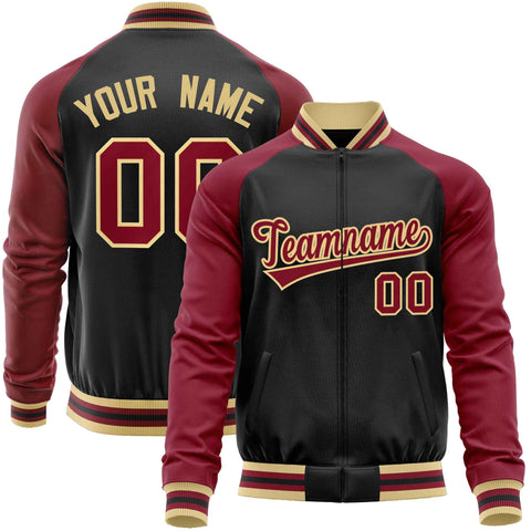 Custom Black Crimson Varsity Full-Zip Raglan Sleeves Letterman Baseball Jacket