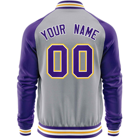 Custom Gray Purple Varsity Full-Zip Raglan Sleeves Letterman Baseball Jacket