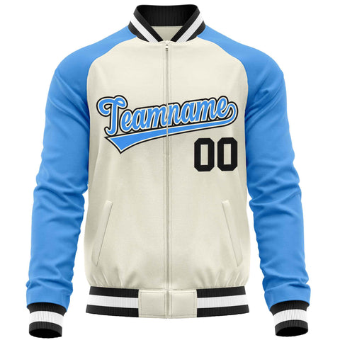 Custom Cream Powder Blue Varsity Full-Zip Raglan Sleeves Letterman Baseball Jacket