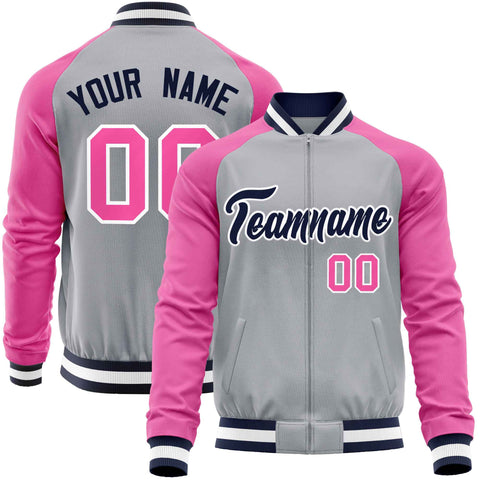 Custom Gray Pink Varsity Full-Zip Raglan Sleeves Letterman Baseball Jacket