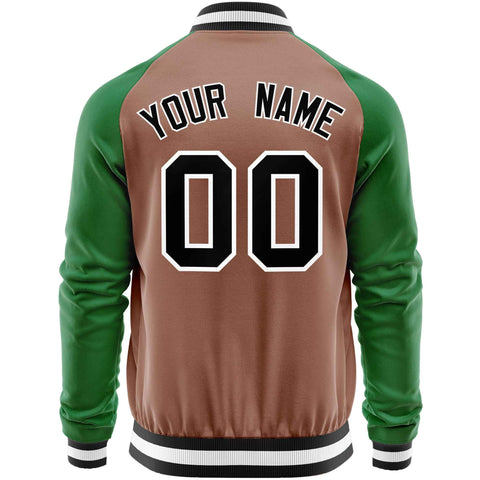 Custom Brown Kelly Green Varsity Full-Zip Raglan Sleeves Letterman Baseball Jacket