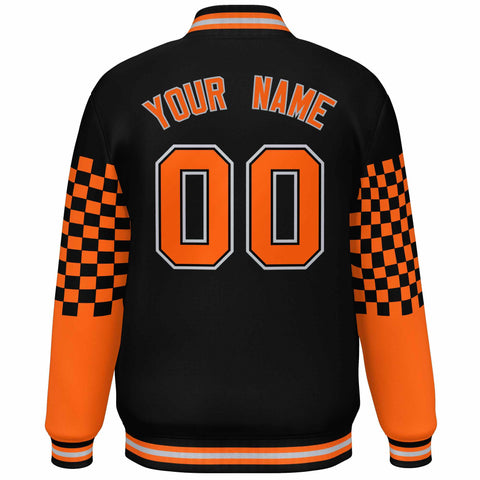 Custom Black Orange-Gray Checkered Pattern Color Block Bomber Varsity Jacket