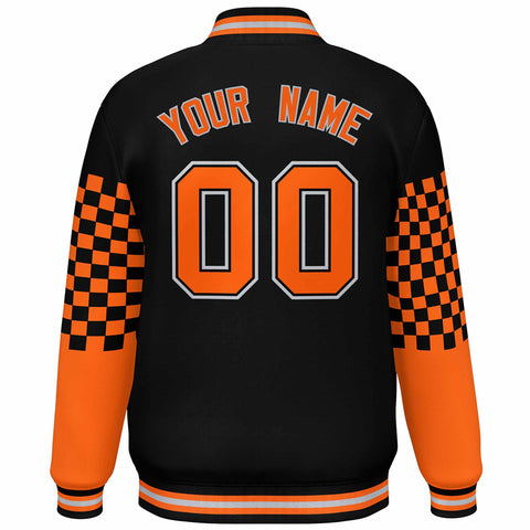 Custom Black Orange-Gray Checkered Pattern Color Block Bomber Varsity Jacket