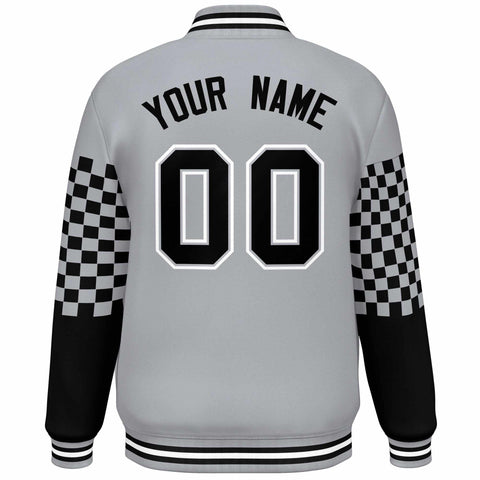 Custom Gray Black-White Checkered Pattern Color Block Bomber Varsity Jacket