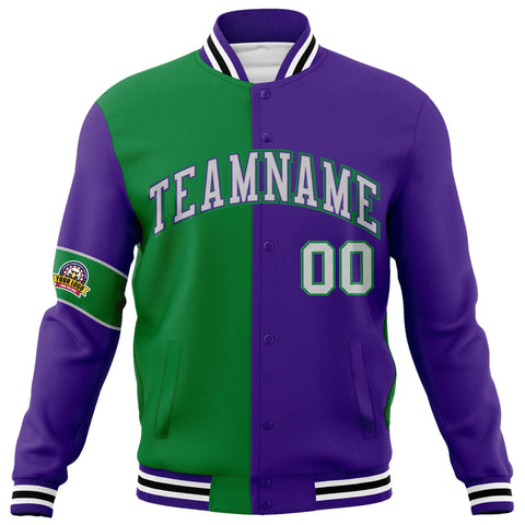 Custom Kelly Green Purple-Gray Letterman Two Tone Full-Snap Split Fashion Jacket