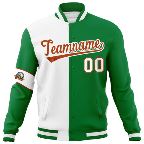 Custom White Kelly Green-Orange Letterman Two Tone Full-Snap Split Fashion Jacket