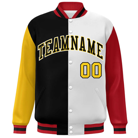 Custom Gold Black White-Red Color Block Bomber Varsity Full-Snap Baseball Jacket